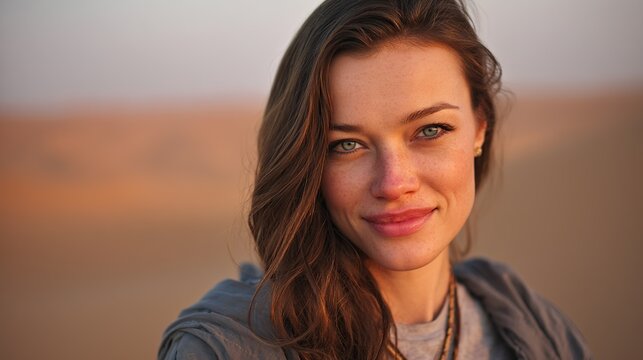 A charming woman with long hair posing gently, showing her elegant appearance and soft temperament, suitable for portrait themes that highlight personal charm and graceful style.