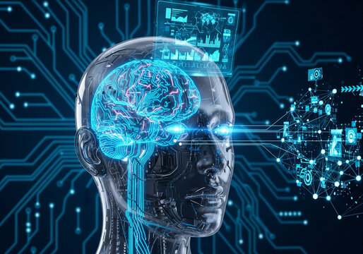 Human brain digital hologram with neural circuits glowing in futuristic AI visualization