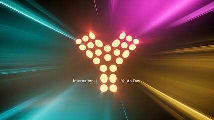 International Youth Day celebration graphic with glowing 'Y' symbol and vibrant light effects
