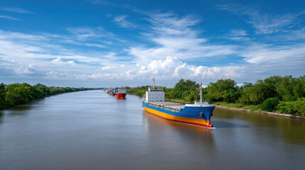Fototapeta premium Global logistic transportation concept with cargo ship sailing on river under blue sky and clouds in peaceful nature