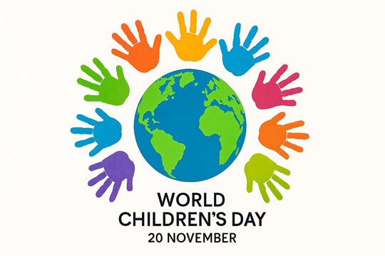 Colorful handprints embrace planet earth celebrating world children s day on november 20