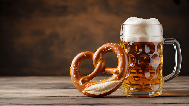A glass mug of beer with foam next to a pretzel on a wooden table