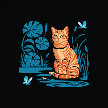 Captivating vintage inspired stupell style illustration of an orange tabby Stupell cat