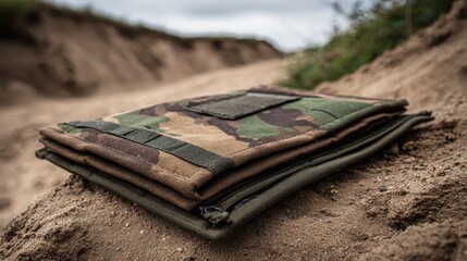 Camouflage Tactical Gear Folded on Sandy Ground at Outdoor Location