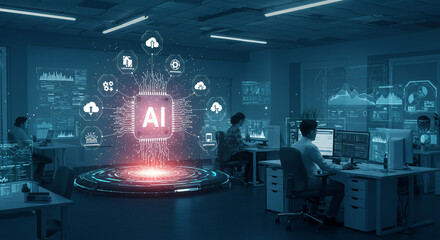 Cutting-edge AI team collaborating in modern office to drive innovation and unlock powerful data insights for future business growth and global impact