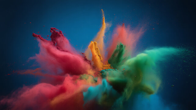 Vibrant colored powder explosion against a dark blue background