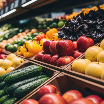 Hortifruti fresco e colorido no supermercado &mdash; IA hiper-realista