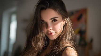 A charming woman with long hair posing gently, showing her elegant appearance and soft temperament, suitable for portrait themes that highlight personal charm and graceful style.