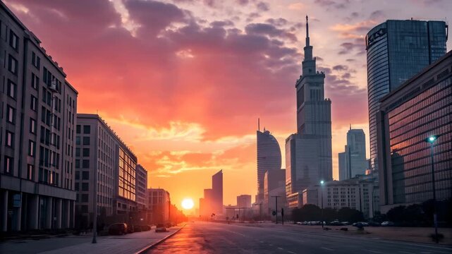 Illustration of beautiful sunset over the city of warsaw with palace of culture and science in the background