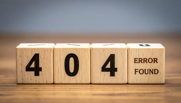 Close-up shot of wooden blocks spelling out a 404 error message on a wooden surface, emphasizing the digital concept