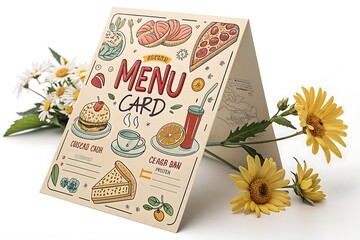 Vintage illustrated menu card with flowers and food graphics