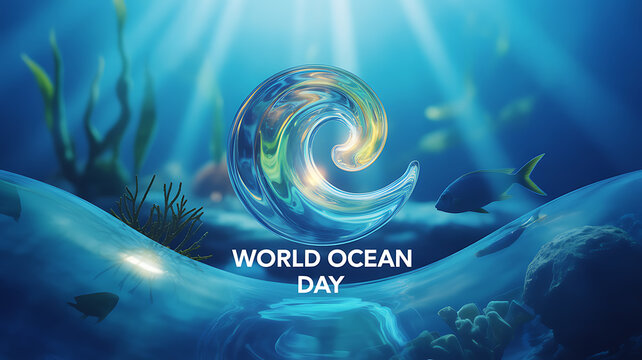 Underwater scene with swirling water symbol and marine life celebrating World Ocean Day - Powered by Adobe