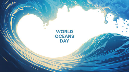 Illustration of a stylized ocean wave forming a heart shape with 'World Oceans Day' text inside