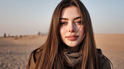 A charming woman with long hair posing gently, showing her elegant appearance and soft temperament, suitable for portrait themes that highlight personal charm and graceful style.