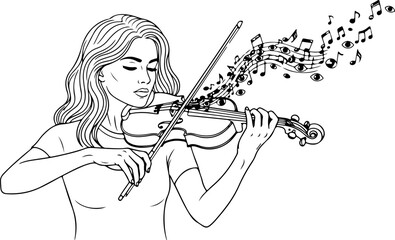A woman playing the violin with musical notes floating around her, creating a harmonious atmosphere, isolated on white background, in a detailed line art