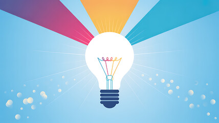 Colorful light bulb with radiant beams and glowing particles on a blue background