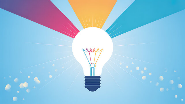 Colorful light bulb with radiant beams and glowing particles on a blue background - Powered by Adobe