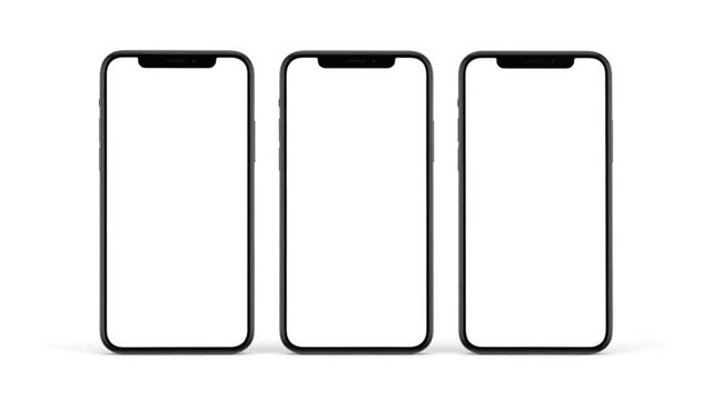 Three Black Framed Smartphones with Blank White Screens on White Background
