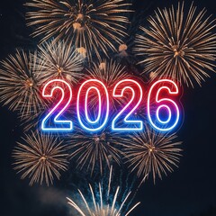 Neon 2026 with fireworks at night, Glowing neon numbers “2026” illuminated against a night sky filled with vibrant fireworks in various colors. Festive and celebratory atmosphere. Concept: New Year,