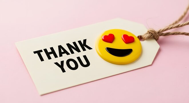 A white gift tag with the words thank you printed on it, next to a yellow smiley face emoji with heartshaped eyes, on a pink background