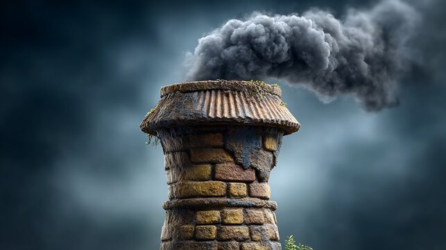 Close-up of a rusted factory chimney releasing billowing black smoke into an overcast sky. The toxic fumes mix with low-hanging clouds, creating a grim atmosphere. 