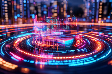 Futuristic abstract visualization of a segmented pie chart collapsing into fluid waveforms with vibrant glowing digital data streams