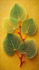 Delicate, translucent leaves with intricate veins, arranged artfully on a textured, mustard-yellow backdrop.