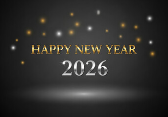 A 3D Gold And Silver Text for the New Year 2026 on Dark Background.