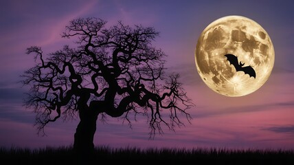 Majestic, twisted silhouette of a bare tree against a full moon and a spooky Halloween night sky.
