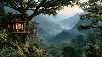 Breathtaking, elevated view of a luxurious wooden treehouse nestled high in a lush, dense tropical rainforest, with sprawling mountains behind.