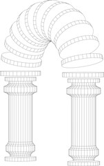 Obraz premium Wireframe ancient columns with abstract torus arch. Three dimensional geometric structure for architectural, digital, and futuristic design. Vector 