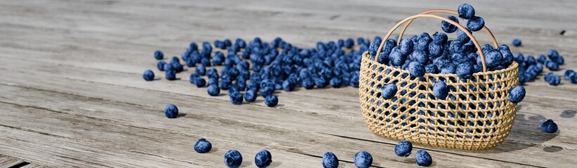 Wicker Basket Overflowing with Fresh Blueberries on a Wooden Table
