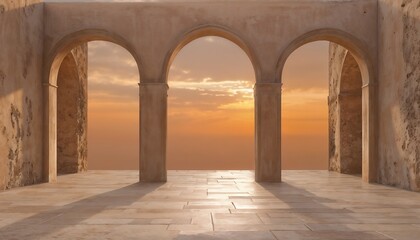 Fototapeta premium Serene Sunset Through Grand Sandstone Arches With Lanterns