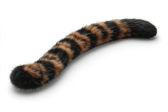 A long, curved animal tail with brown and black stripes