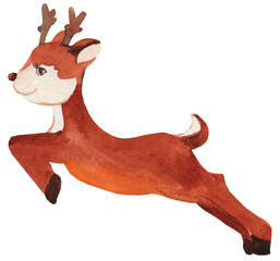 Watercolor Christmas illustration of a reindeer leaping gracefully. Perfect for holiday cards, wrapping paper, textiles, and festive decorations.