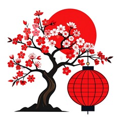 Cherry blossom tree with lantern, Asian style