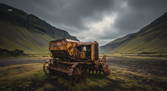 Abandoned rusty tractor in mountain valley