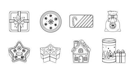Set of eight hand-drawn holiday icons featuring gifts and festive treats for christmas or winter celebrations silhouette