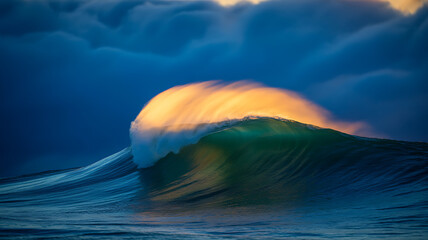 A large ocean wave cresting under a dramatic sky with golden light illuminating the water's surface.