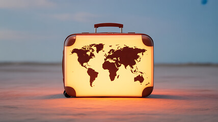 A glowing suitcase with a world map design stands on a beach at sunset, symbolizing global travel.