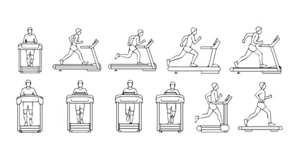Collection of athletic figures running and jumping on treadmills and hurdles depicted in hand-drawn sketch style silhouette
