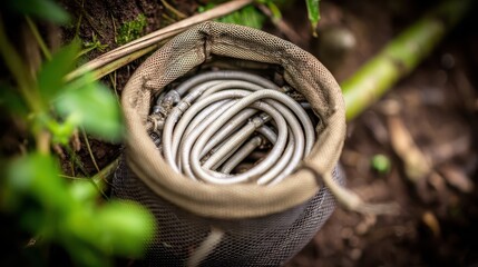 Coiled Metal Hoses in Durable Mesh Bag on Forest Floor