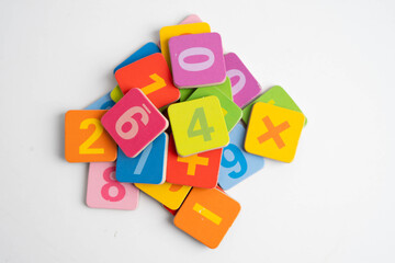 Obraz premium Number wood block cubes for learning Mathematic, education math.