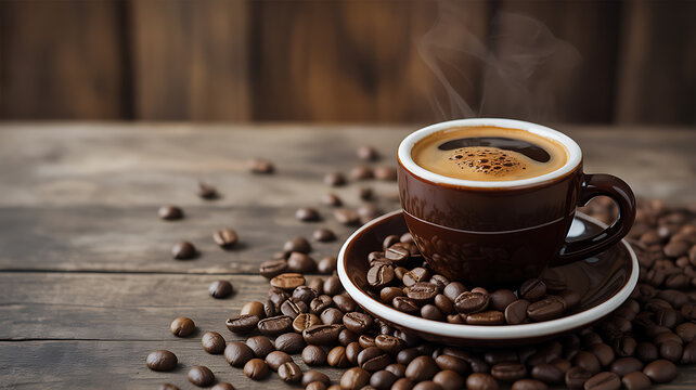 Steaming cup of coffee on a wooden table surrounded by coffee beans - Powered by Adobe
