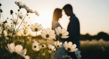 Romantic Couple Embracing in a Field of White Flowers at Sunset