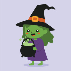 cute female witch character posing holding a cauldron with green potion