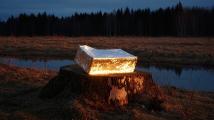 Glowing Box on Tree Stump by Calm Water at Twilight Landscape