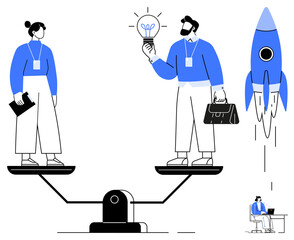 Two businesspeople on a seesaw balancing strategy and ideas, with a rocket symbolizing innovation and progress. Ideal for teamwork, leadership, partnership, innovation, progress, decision-making