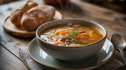 Steaming bowl of vegetable and meat soup served with bread on a rustic wooden table