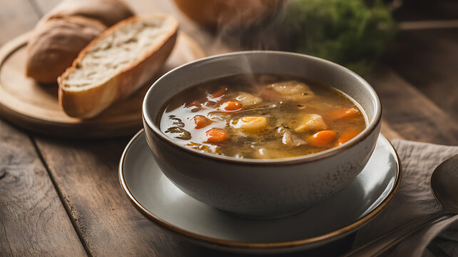 Steaming bowl of vegetable soup with bread on a wooden table - Powered by Adobe